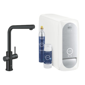 Baterie bucatarie Grohe Blue Home Duo cu dus extractibil pipa L sistem filtrare racire si carbonatare starter kit velvet black