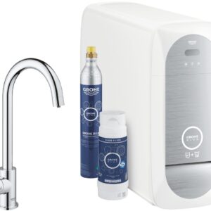 Baterie bucatarie Grohe Blue Home cu pipa C sistem de filtrare racire si carbogazificare crom