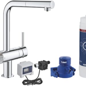 Baterie bucatarie Grohe Blue Pure Minta cu dus extractibil pipa L si sistem filtrare Ultrasafe starter kit crom