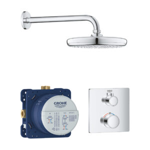 Baterie cada - dus termostatata Grohe Grohtherm Perfect cu montaj incastrat corp ingropat inclus set Tempesta 210 cu palarie si brat de dus de perete crom