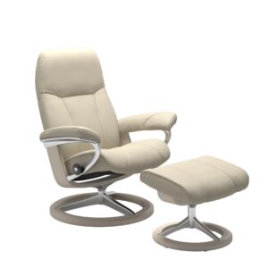 Fotoliu cu taburet Stressless Consul Signature M cadru Whitewash tapiterie piele Batik Cream