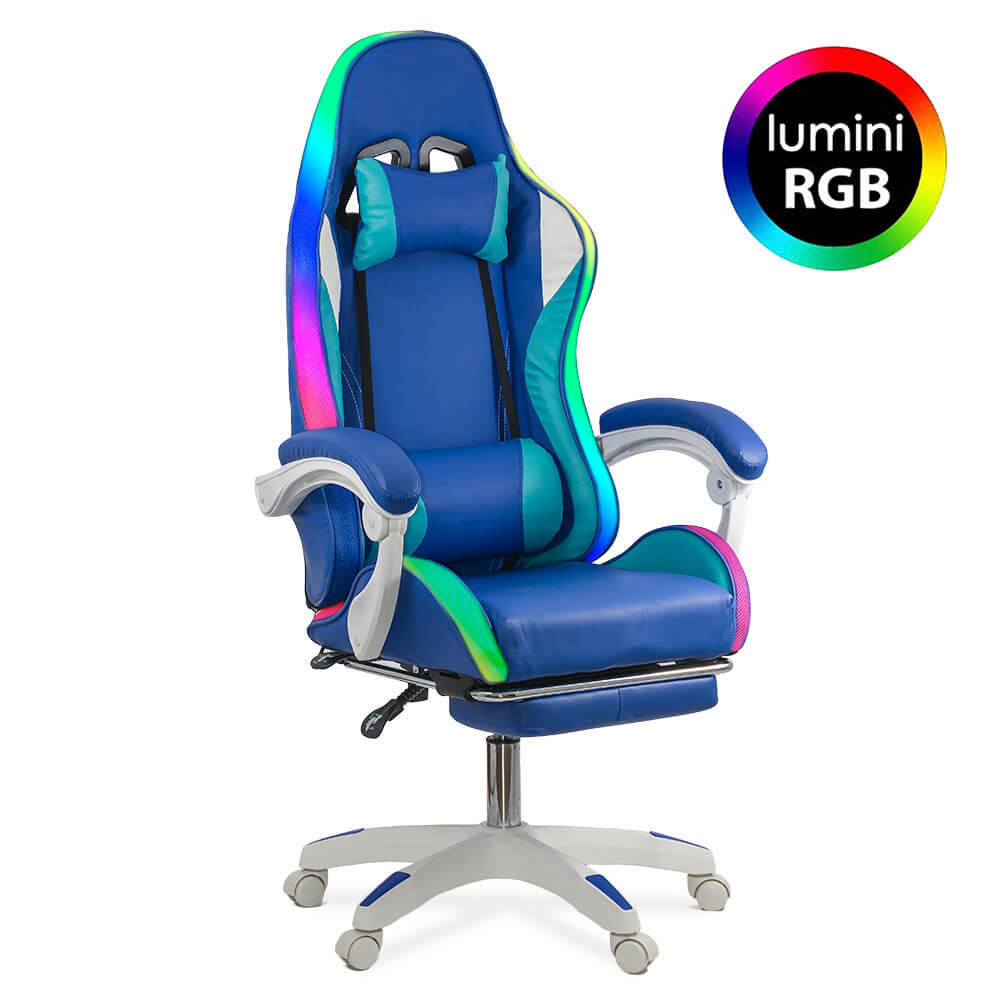Scaun gaming cu iluminare RGB si suport pentru picioare OFF 298 albastru