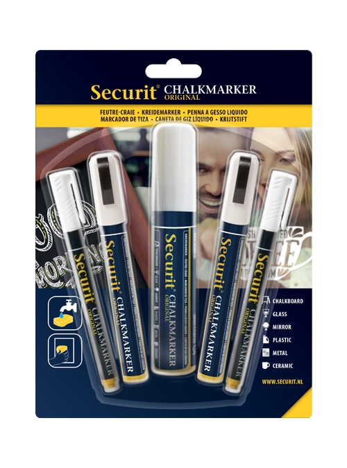 Set 5 markere creta Securit Liquid Small Medium Large alb