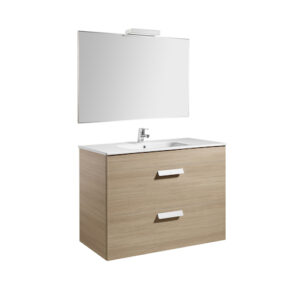 Set mobilier Roca Debba Standard dulap baza cu 2 sertare 100x46cm Stejar Texturat lavoar si oglinda iluminata