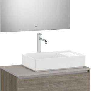 Set mobilier Roca Ona cu dulap baza cu doua sertare 80cm pentru lavoar pe blat dreapta si oglinda cu iluminare LED ulm inchis