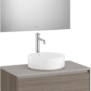 Set mobilier Roca Ona cu dulap baza cu doua sertare 80cm pentru lavoar pe blat si oglinda cu iluminare LED ulm inchis