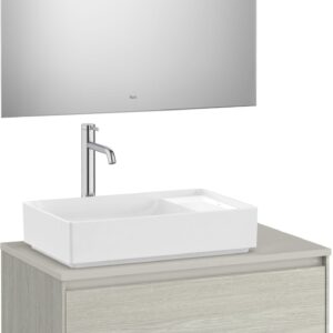 Set mobilier Roca Ona cu dulap baza cu doua sertare 80cm pentru lavoar pe blat stanga si oglinda cu iluminare LED stejar alb