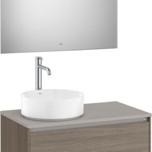 Set mobilier Roca Ona cu dulap baza cu doua sertare 80cm pentru lavoar pe blat stanga si oglinda cu iluminare LED ulm inchis