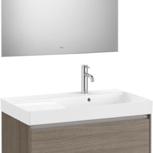 Set mobilier Roca Ona cu dulap baza cu doua sertare 80cm si lavoar asimetric orientare dreapta si oglinda cu iluminare LED ulm inchis