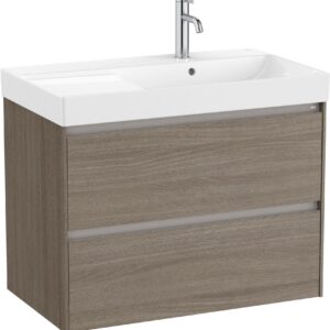 Set mobilier Roca Ona cu dulap baza cu doua sertare 80cm si lavoar asimetric orientare dreapta ulm inchis