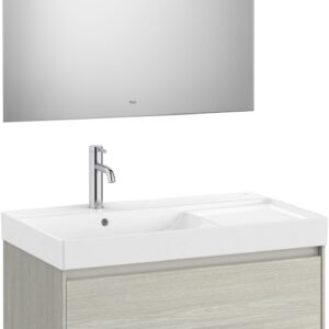 Set mobilier Roca Ona cu dulap baza cu doua sertare 80cm si lavoar asimetric orientare stanga si oglinda cu iluminare LED stejar alb