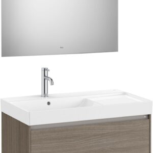 Set mobilier Roca Ona cu dulap baza cu doua sertare 80cm si lavoar asimetric orientare stanga si oglinda cu iluminare LED ulm inchis