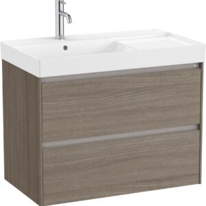 Set mobilier Roca Ona cu dulap baza cu doua sertare 80cm si lavoar asimetric orientare stanga ulm inchis