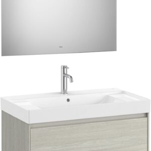 Set mobilier Roca Ona cu dulap baza cu doua sertare 80cm si lavoar si oglinda cu iluminare LED stejar alb