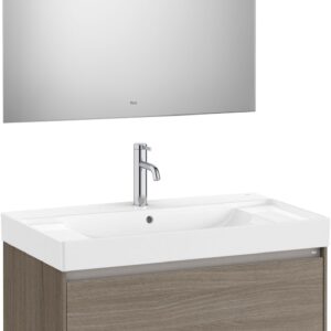 Set mobilier Roca Ona cu dulap baza cu doua sertare 80cm si lavoar si oglinda cu iluminare LED ulm inchis