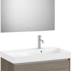 Set mobilier Roca Ona cu dulap baza cu un sertar 80cm si lavoar asimetric orientare dreapta si oglinda cu iluminare LED ulm inchis