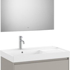 Set mobilier Roca Ona cu dulap baza cu un sertar 80cm si lavoar asimetric orientare stanga si oglinda cu iluminare LED gri mat