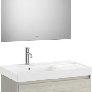 Set mobilier Roca Ona cu dulap baza cu un sertar 80cm si lavoar asimetric orientare stanga si oglinda cu iluminare LED stejar alb