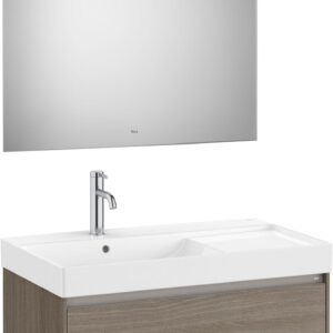 Set mobilier Roca Ona cu dulap baza cu un sertar 80cm si lavoar asimetric orientare stanga si oglinda cu iluminare LED ulm inchis