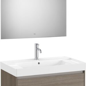 Set mobilier Roca Ona cu dulap baza cu un sertar 80cm si lavoar si oglinda cu iluminare LED ulm inchis