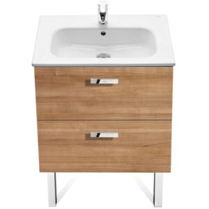 Set mobilier Roca Victoria Basic dulap baza cu 2 sertare 60x45cm nuc si lavoar