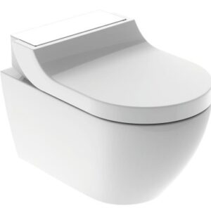 Set vas WC suspendat Geberit AquaClean Tuma Comfort capac inchidere lenta functie bideu electric ornament sticla alba