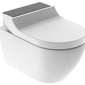 Set vas WC suspendat Geberit AquaClean Tuma Comfort capac inchidere lenta functie bideu electric ornament sticla neagra