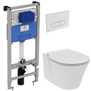 Set vas WC suspendat Ideal Standard Connect Air Aquablade capac inchidere lenta si rezervor incastrat ProSys cu clapeta Oleas M1 crom