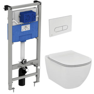 Set vas WC suspendat Ideal Standard Tesi Aquablade capac inchidere lenta si rezervor incastrat ProSys cu clapeta Oleas M1 crom